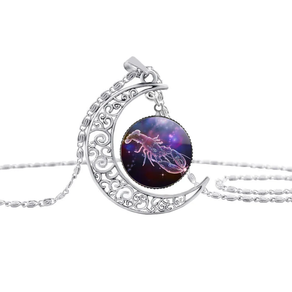 10 New Half Moon Time Pendant Necklace amulet Animal Zodiac Necklace Animal 12 Constellation Sign Crescent Necklace Jewelry gift - Окраска металла: Cancer