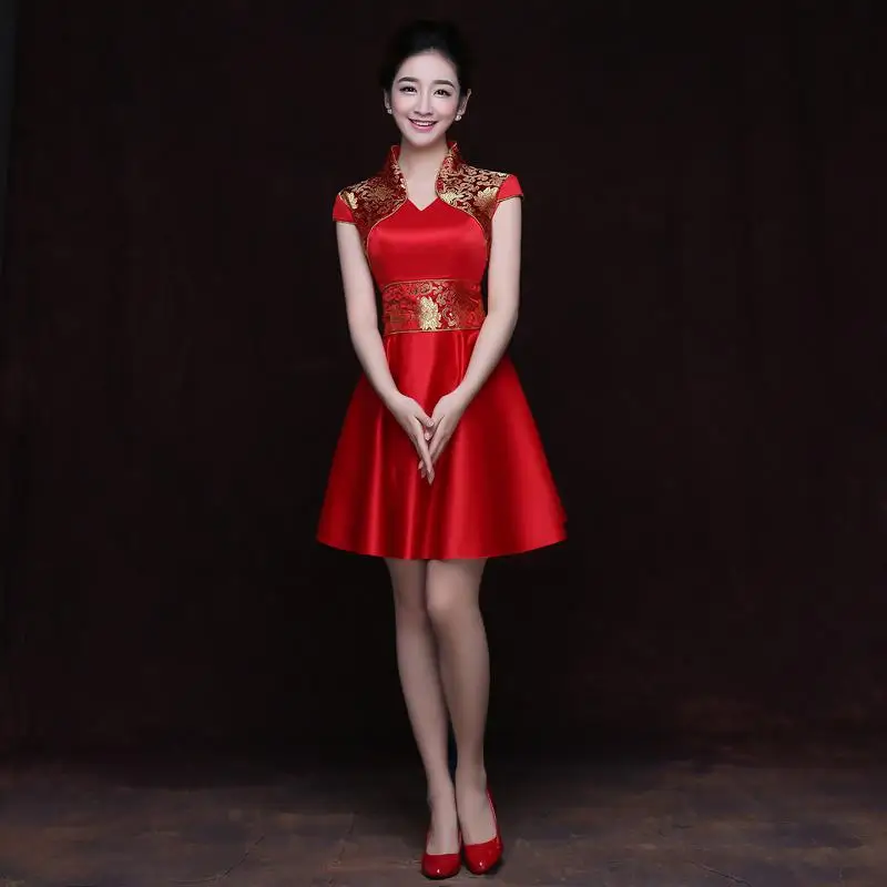 Классический красный женский атласный кулон Qipao винтажное улучшенное свадебное платье невесты китайский стиль рукав съемный Cheongsam Vestidos - Цвет: Red Short