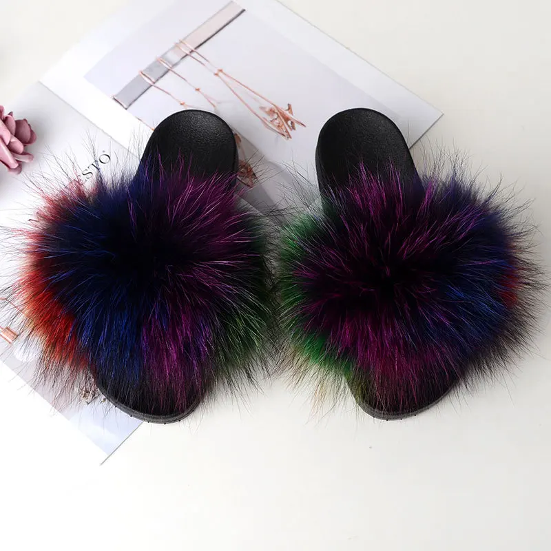 Colorful raccoon VOTODA/тапочки с натуральным лисьим мехом; женские шлепанцы из пушистого меха енота; сандалии на плоской подошве с лисьим мехом; женские зимние теплые шлепанцы; модная плюшевая обувь - Цвет: Colorful raccoon