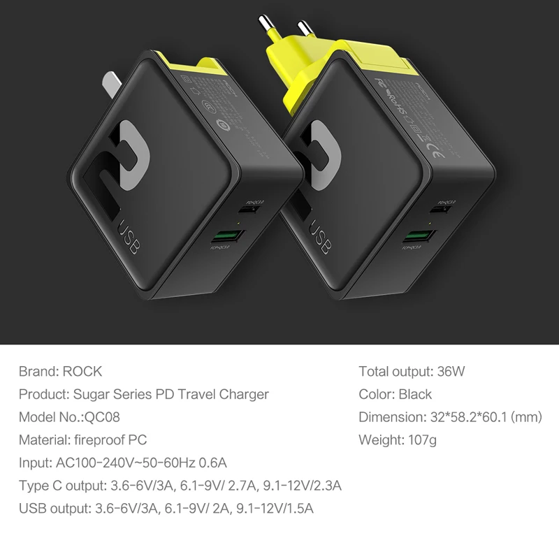 Rock 2 USB зарядное устройство Универсальный Быстрый QC3.0 PD зарядное устройство дорожный адаптер 3,6-6V3A 6,1-9V2A 5V4A ЕС Разъем для iPhone samsung Xiaomi