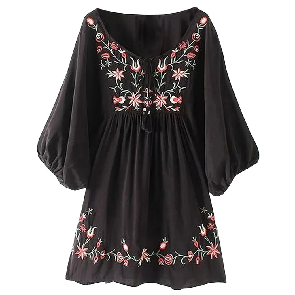 2019 женская летняя модная свободная Цветочная вышивка кэжуал туника топ богемная