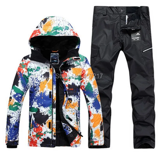 

New arrival mens ski suit skiing snowboarding suit for men male ink painting ski jacket + black ski pants skating suit