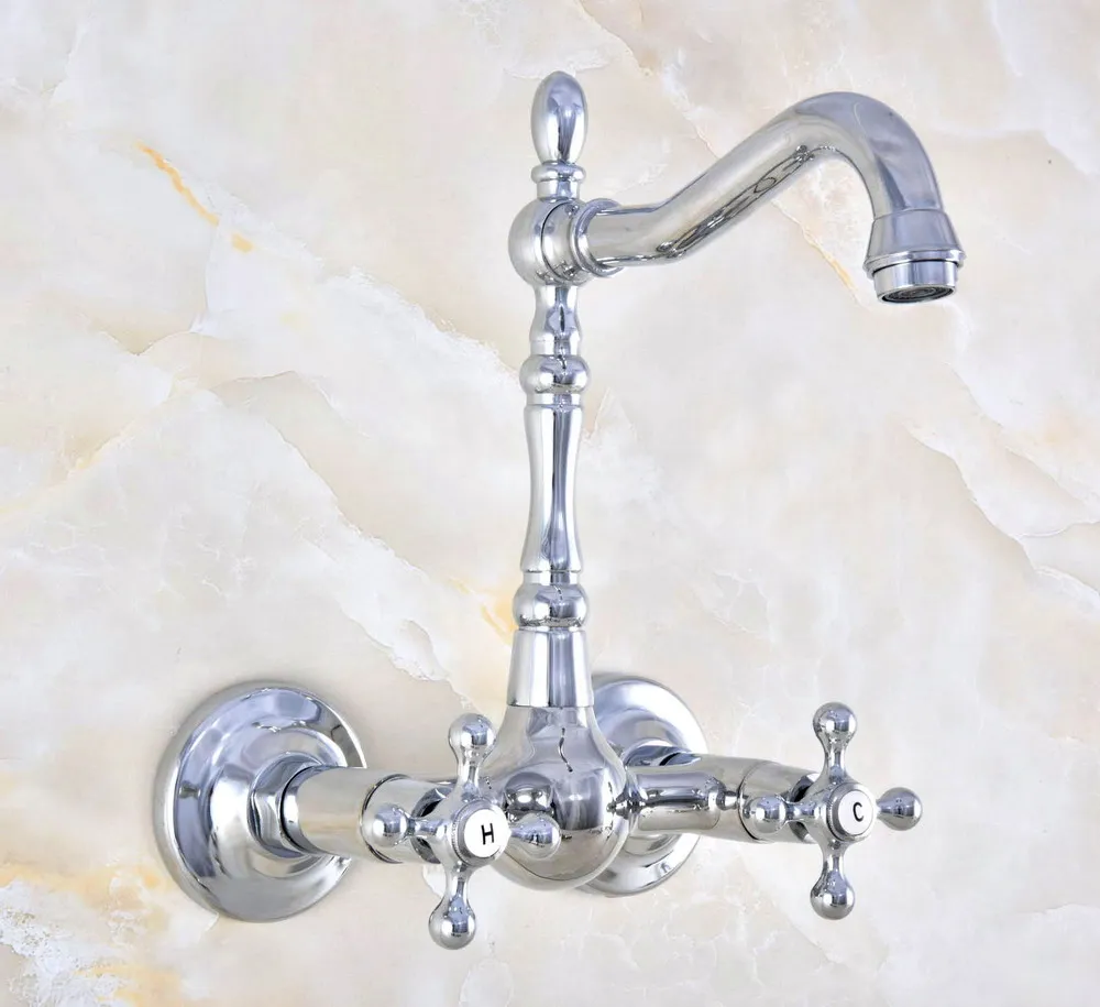 Modern Polished Chrome Brass Wall Mounted Bathroom Basin Kitchen Sink Faucet Swivel Spout Mixer Tap Dual Cross Handles anf582 wall mounted polished chrome round rain shower faucet tub mixer tap dual cross handles hand held shower head acy351