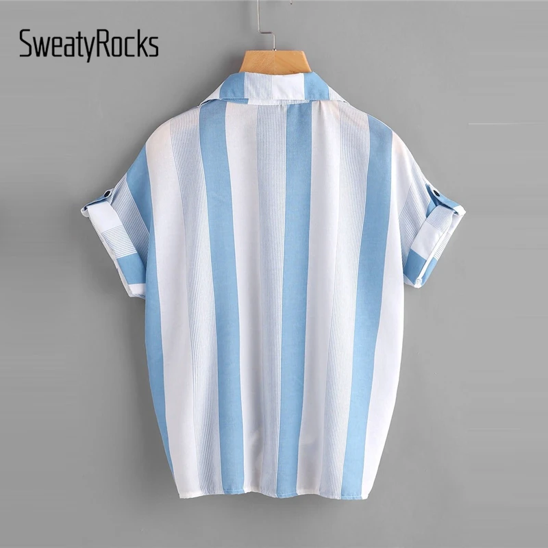 SweatyRocks плюс полосатая блузка с карманами спереди, с закатанными рукавами, уличная одежда с узлом спереди, топы, летние повседневные женские блузки