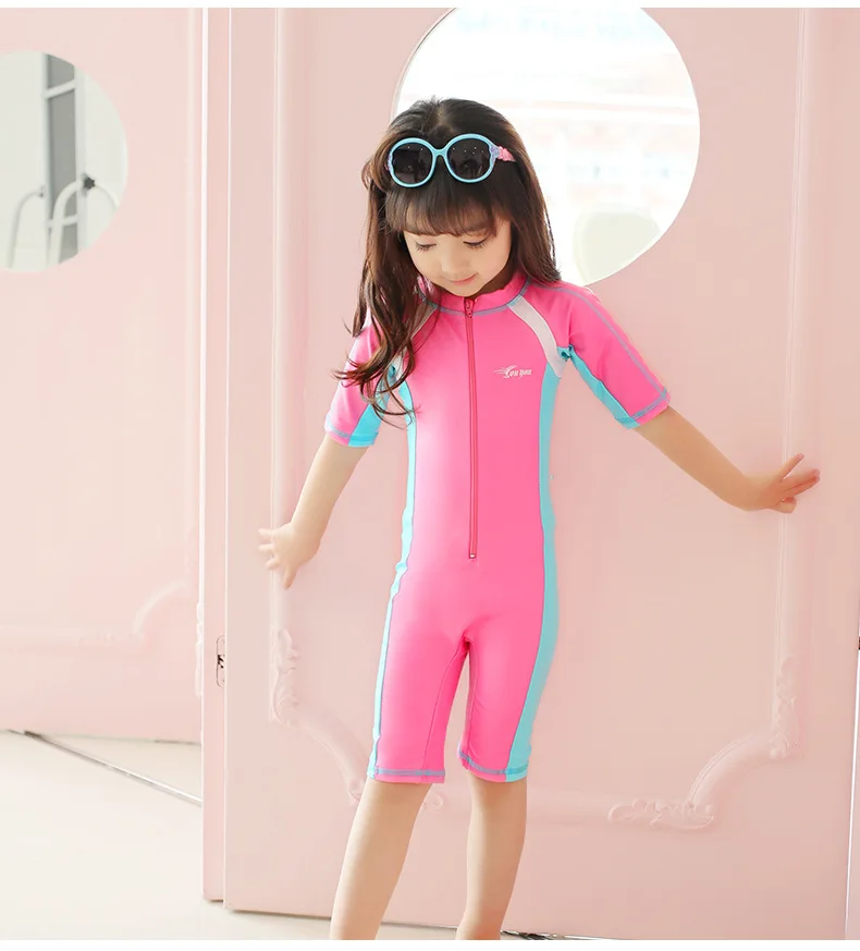 Розовый/Синий Цельный купальник с короткими рукавами для девочек/мальчиков, детские костюмы для плавания Рашгард для серфинга, купальные костюмы для малышей DBO