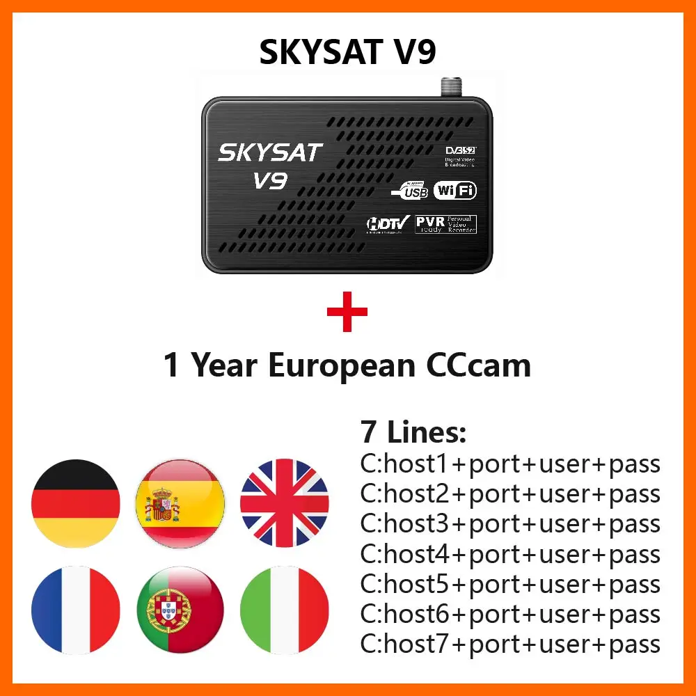 Мини HD спутниковый ресивер SKYSAT V9 с CCCams Cline на 1 год Европа Испания Германия Польша