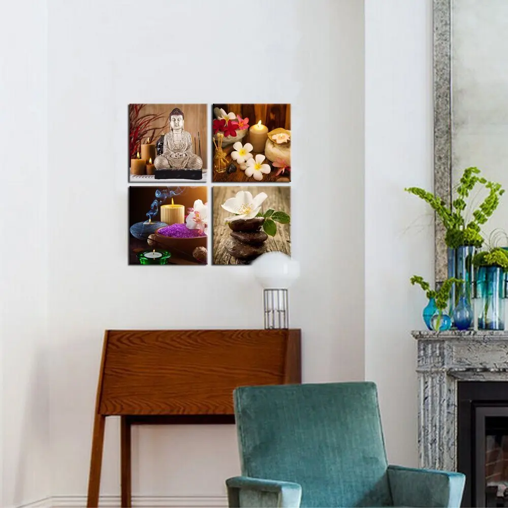 Sea Charm Buddha Statue Canvas 4 Piece Stone Quiet Candle And Frangipani Picture Modern Zen Painting Giclee Artwork For | Дом и сад