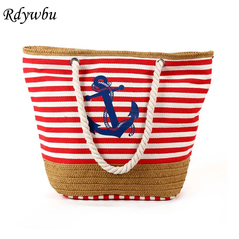 

Rdywbu 2021 Summer Anchor Strips Printing Canvas Tote Bag Women's Navy Style Rope Travel Bag Straw Weave Shopping Beach Bag B134