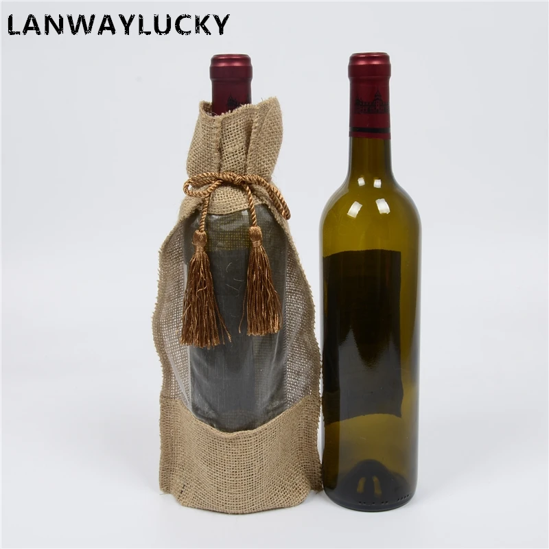 

100pcs Wholesale Jute Wine Bottle Bags With Organza Window Covers 5.9"x12.2" Linen Drawstring Pouch Christmas Favors Gift Bag