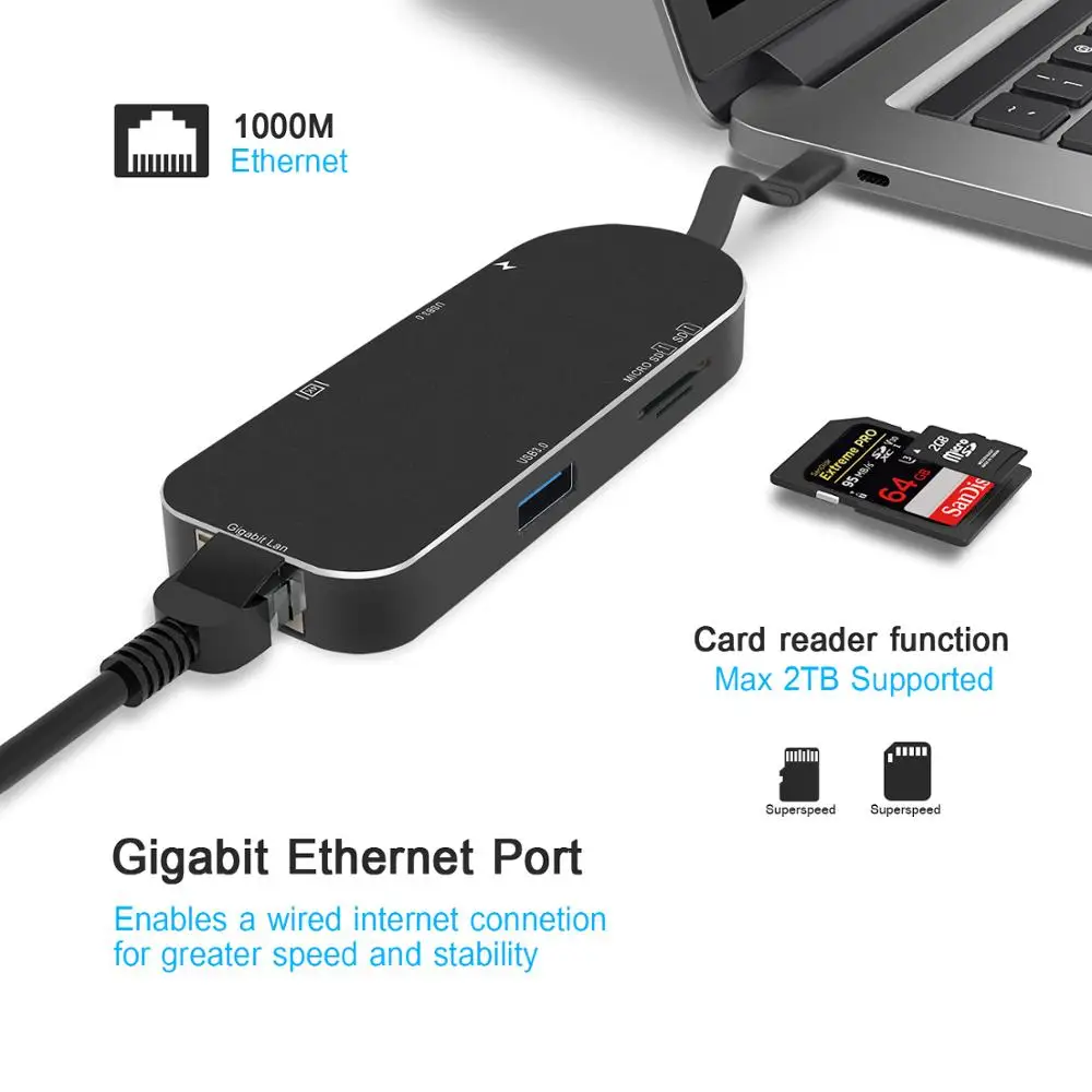 USB C концентратор HDMI USB-C гигабитный Ethernet адаптер 7-в-1 USB 3,1 Type C концентратор с Micro SD/SD кардридер Type-C PD для Macbook Pro от AliExpress RU&CIS NEW