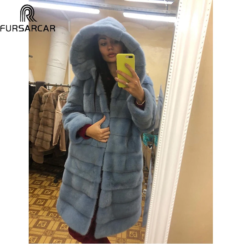 Женская Шуба из меха норки FURSARCAR длинная теплая шуба небесно голубого цвета с