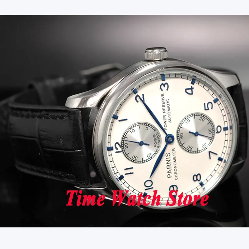 Часы Parnis 43 мм запасной мощности с серебряным циферблатом черный кожаный ремешок