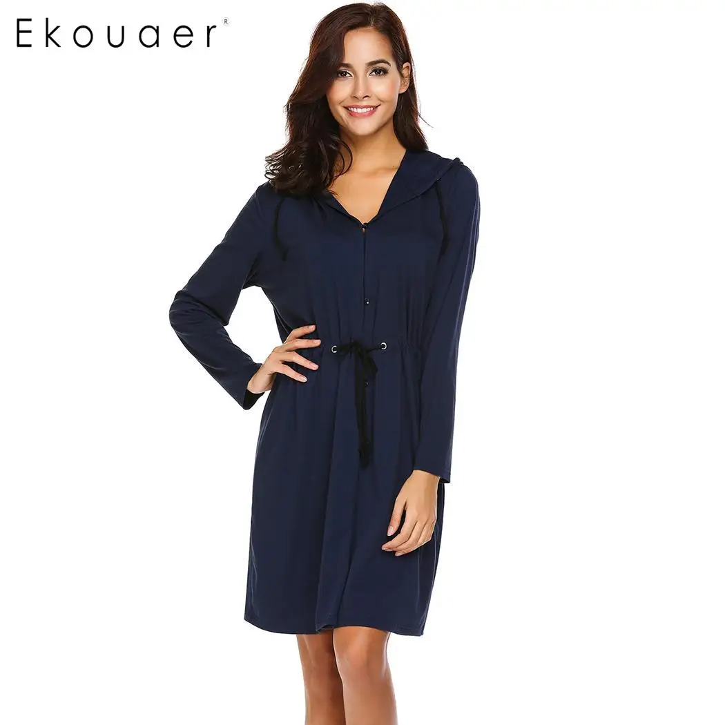 Ekouaer женское кимоно Роба банные пижамы с капюшоном длинным рукавом завязками на