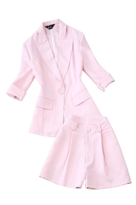 Pink Fashion suits Women's Summer New 7-point sleeve suit + wide leg high waist shorts thin women |