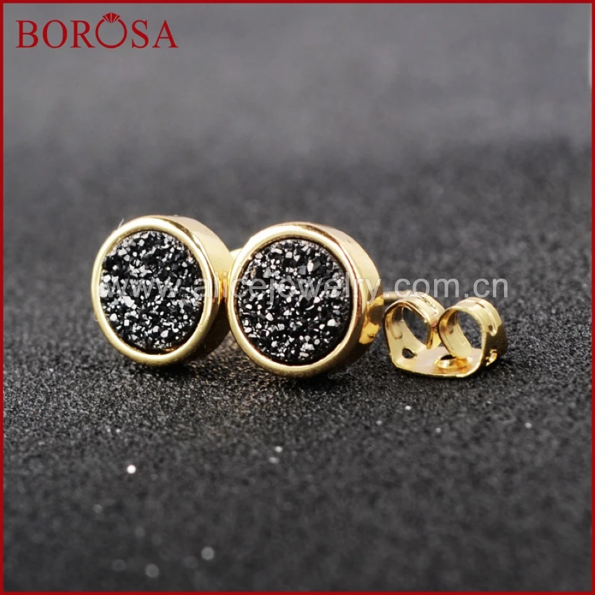 BOROSA 8 мм золотой цвет черный натуральный кристалл Druzy Титан Druzy серьги гвоздики модные Drusy серьги геод 198-6