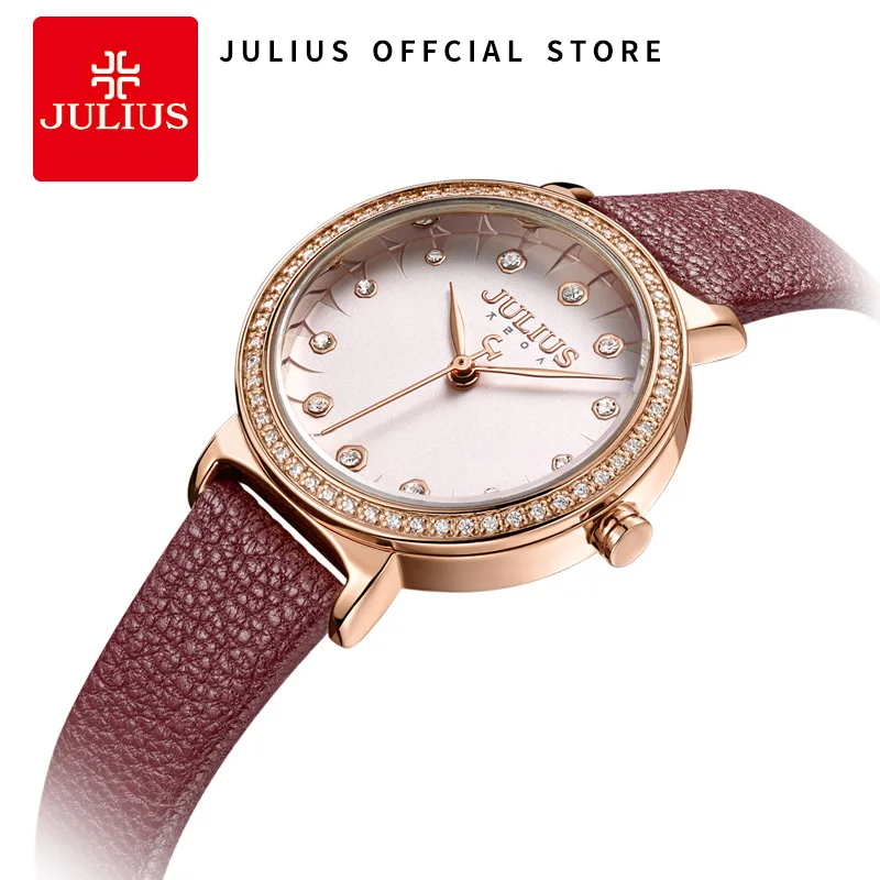 Julius 2018 Watch For Women Quartz Wristwatch With Diamond Red Leather Strap Relogio Feminino Fashion Clock Dropshipping JA-965