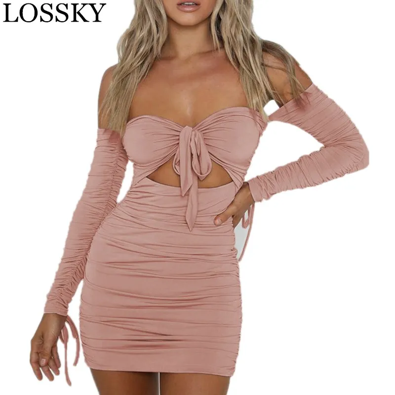 

Off Shoulder Autumn Mini Sexy Party Dress Long Sleeve Bow Hollow Out Ruched Bodycon Backless Mini Club Dress Ladies Slim Dresses