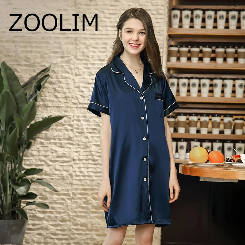 Женская атласная ночная рубашка шелковая Повседневная Свободная с коротким