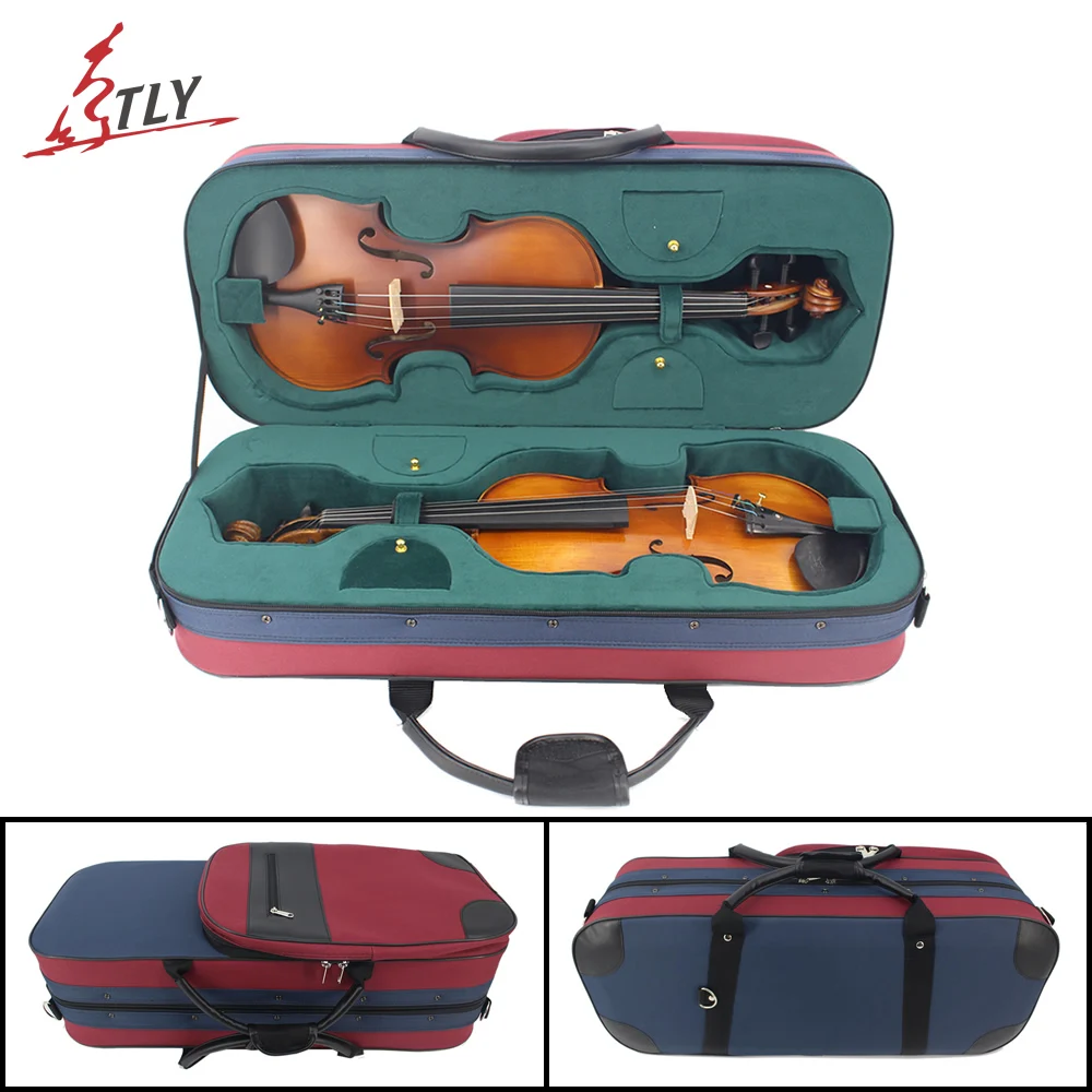 New Red & Blue Stitching Oxford Fabric Foamed Rectangle Double Layer Violin Case w/ Large Storage Bag Belt for 4/4 Violin