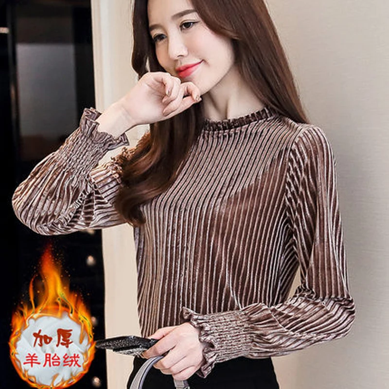2017 Для женщин AutumnWinter футболка плюс бархат Большие размеры Длинные рукава стенд