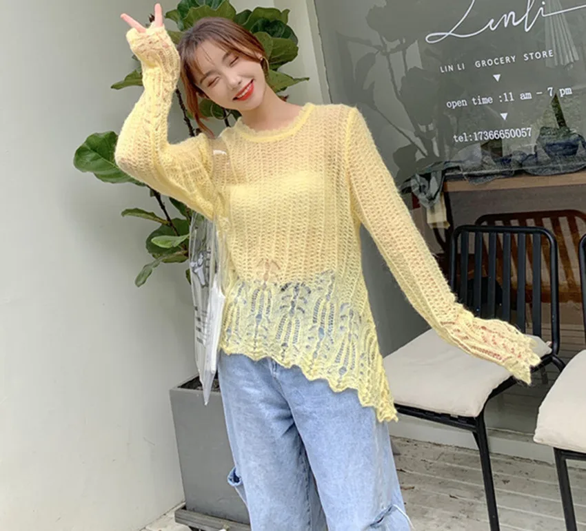 HAMALIEL New Summer Autumn Fashion Loose Sweater Tops Korean Chic Sky Blue Knitted Hollow Out Sexy Pollovers Thin Casual Jumpers | Женская