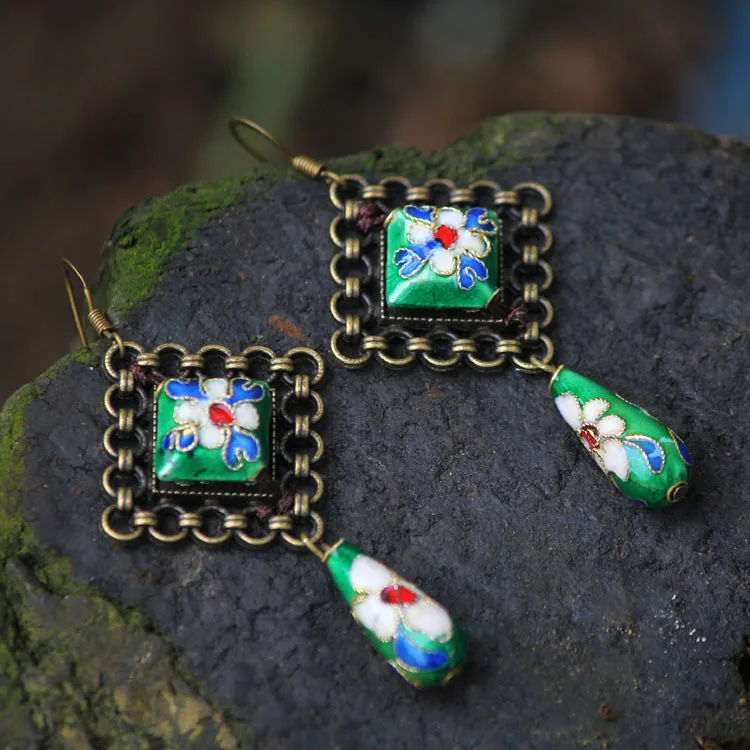 Оригинальные винтажные красные и зеленые серьги из сканой эмали Висячие