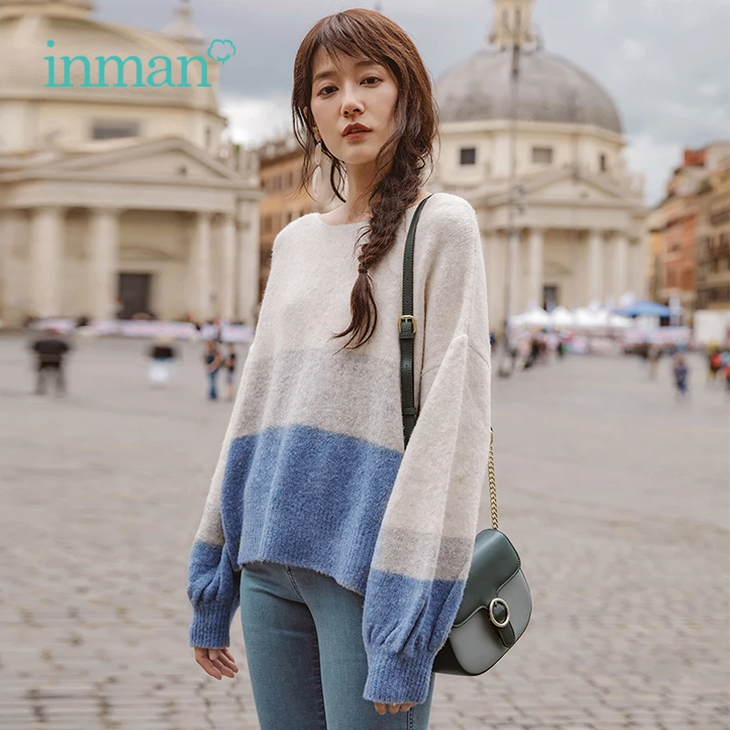 INMAN Spring Autumn Round Collar Stripped Loose Style Lantern Sleeve Women Patchwork Pullover Sweater | Женская одежда