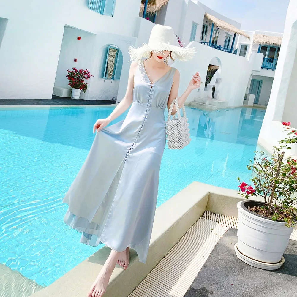 Cuerly High Quality Summer Dress 2019 Women Vintage V-neck Sleeveless Ruffles Pleated Long Designer Runway Dresses | Женская одежда