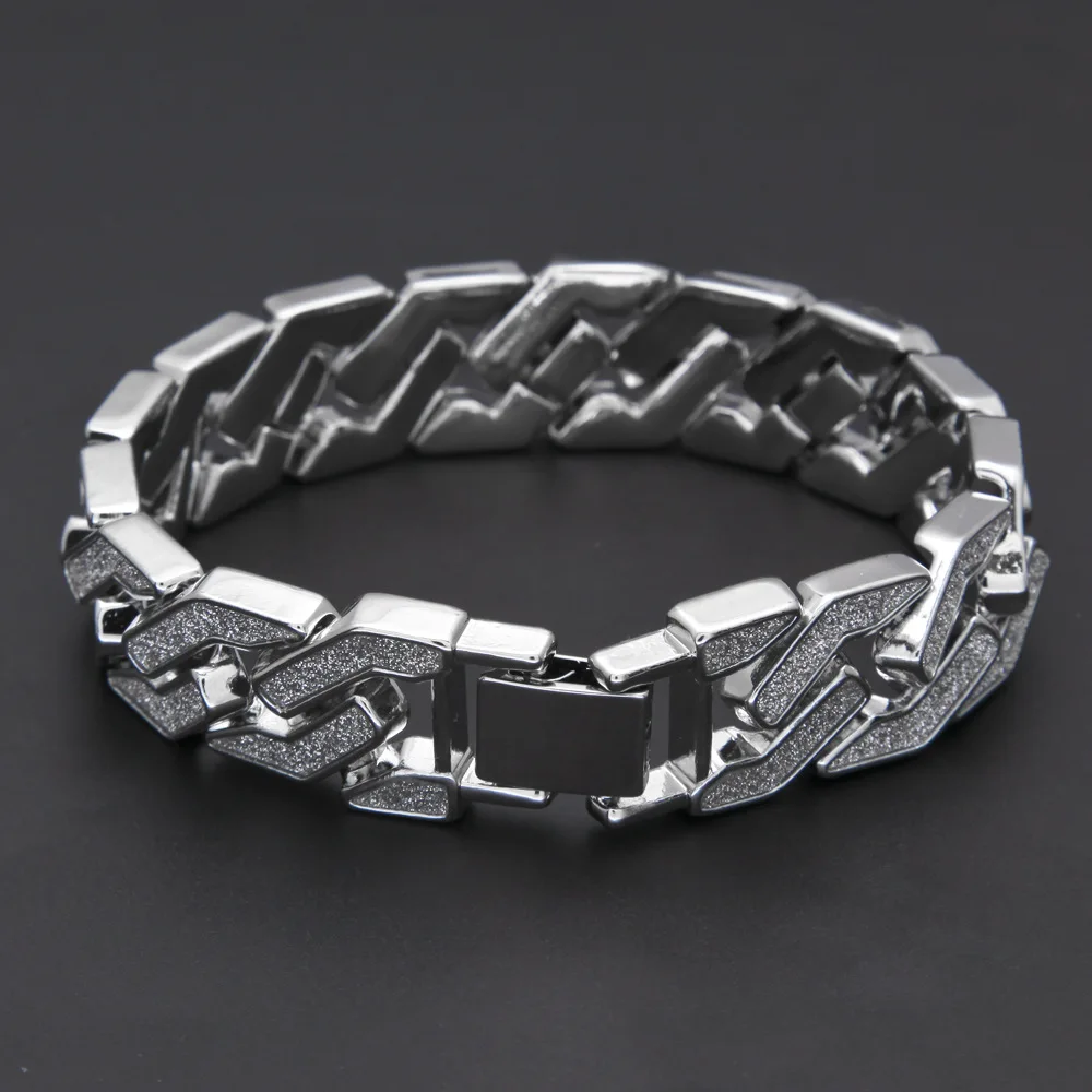 Sand Blast Bracelet Cuban Chain Link Alloy Iced Out Hip Hop Gold Silver Color Bling Crystal Heavy 15MM for Mens Bracelets 8.6" image 4