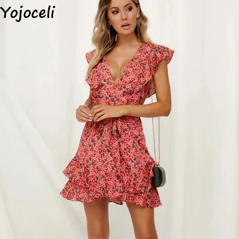 Yojoceli/короткое элегантное платье с рюшами летнее шифоновое поясом и бантом