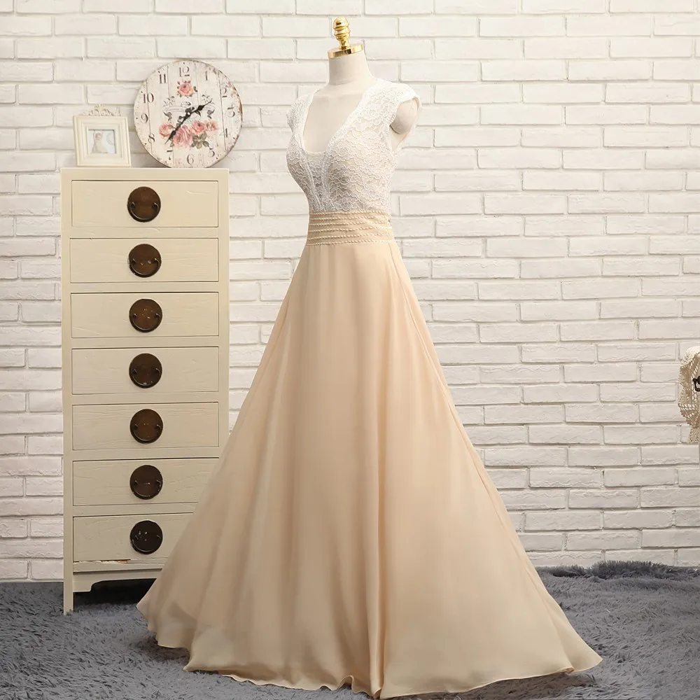 Шифоновое платье трапеция цвета шампанского с V образным вырезом|2017 prom dresses|prom
