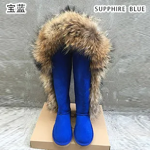 Sapphire blue INOE обувь женская Модные роскошные зимные ботфорты с лисьим мехом натуральная кожа женские тёплые ботинки до колен зимняя обувь коровья замша ботинки с высоким голенищем ботфорты плоская подошва нескользящаясапоги - Цвет: Sapphire blue