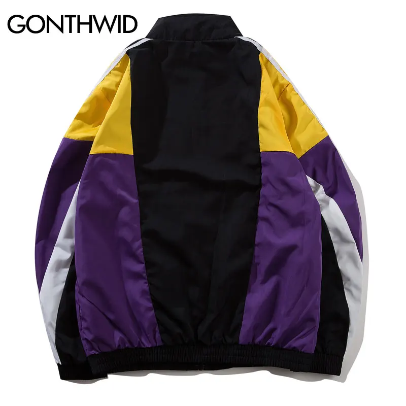 GONTHWID Винтаж цвет блок лоскутное куртки осень 2018 г. хип хоп Полный Zip Up Track ветровка