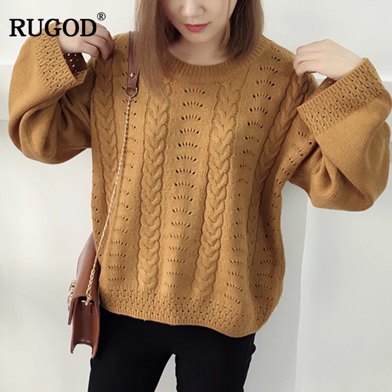 

Модный женский вязаный свитер RUGOD с круглым вырезом, новинка осень 2019, повседневные однотонные пуловеры большого размера с длинным рукавом ...