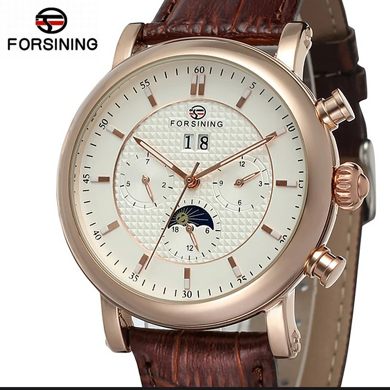 FORSINING Moon Phase механические часы из натуральной кожи ремешок мужские Топ бренд