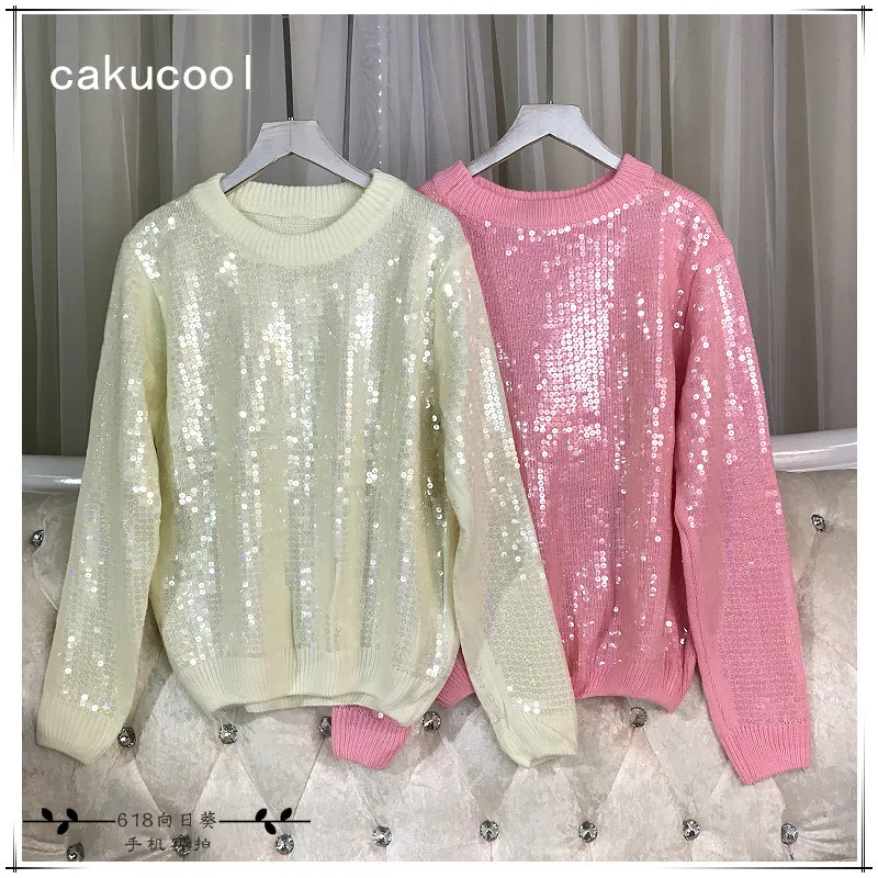 Cakucool, новинка, женские свитера с длинными рукавами, расшитые блестками, с круглым вырезом, одноцветные Джемперы, блестящий, украшенный бисером, вязаный пуловер, женский свитер
