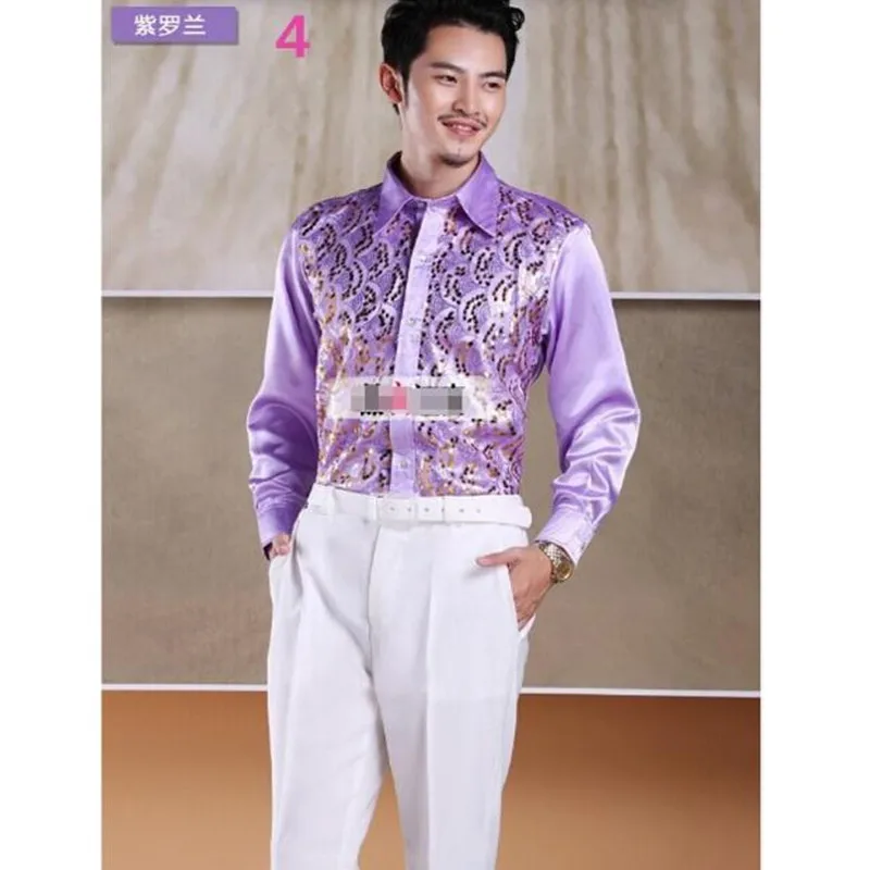 Мужские костюмы рубашка платье Блестящие Блестки мужские свадебные рубашки для