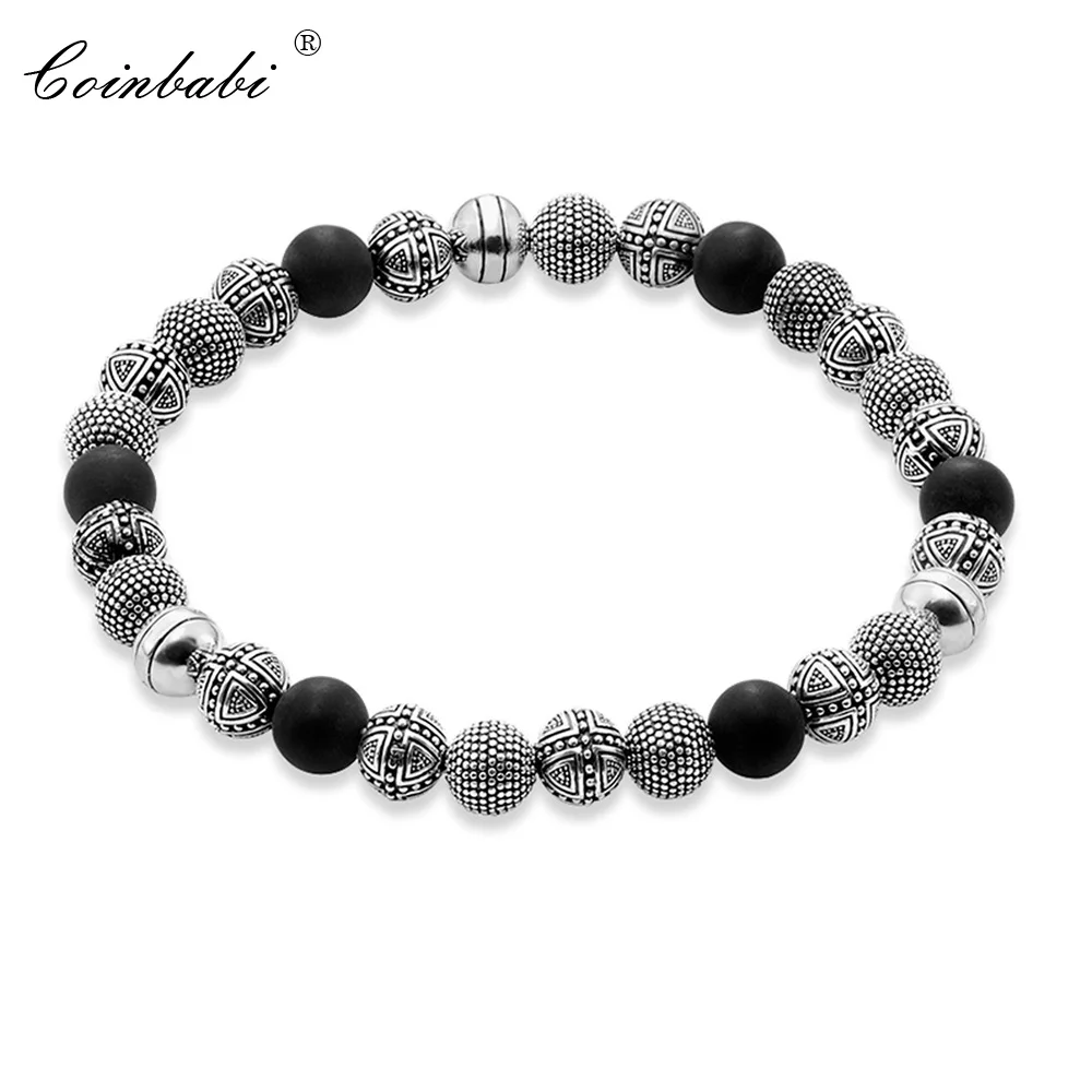 

Bracelets Silver Beads And Obsidian 925 Sterling Silver For Men Trendy Gift Europe Style Heart Rebel Masculine Bracelets