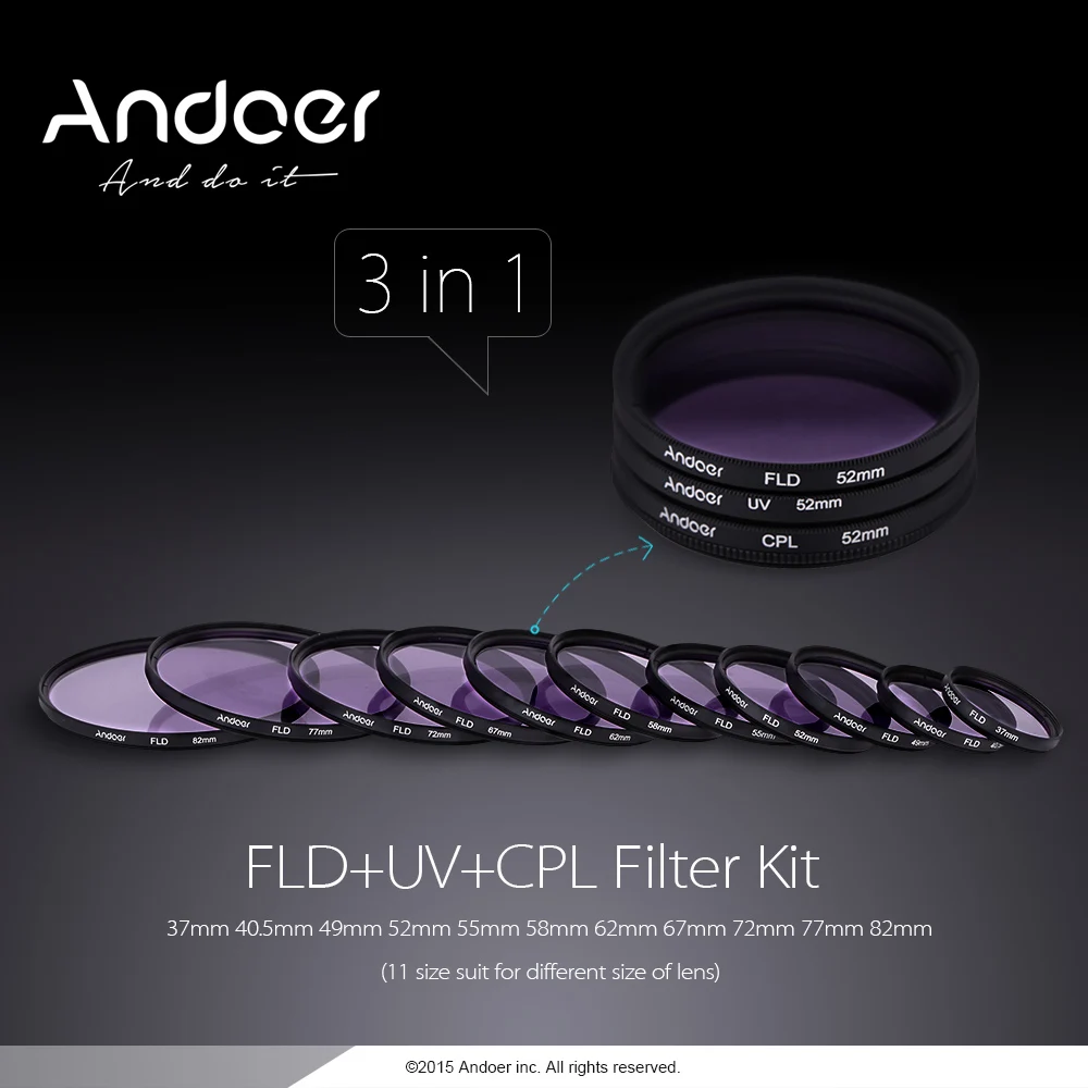Набор круглых фильтров Andoer 67 мм UV + CPL FLD круговой поляризатор флуоресцентный