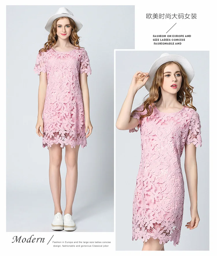 Pink Color Big Size Elegant Lace Dresses Summer Dress Sexy Hollow Out Short Sleeve Sweet Women Dress 5XL Plus Size Vestidos