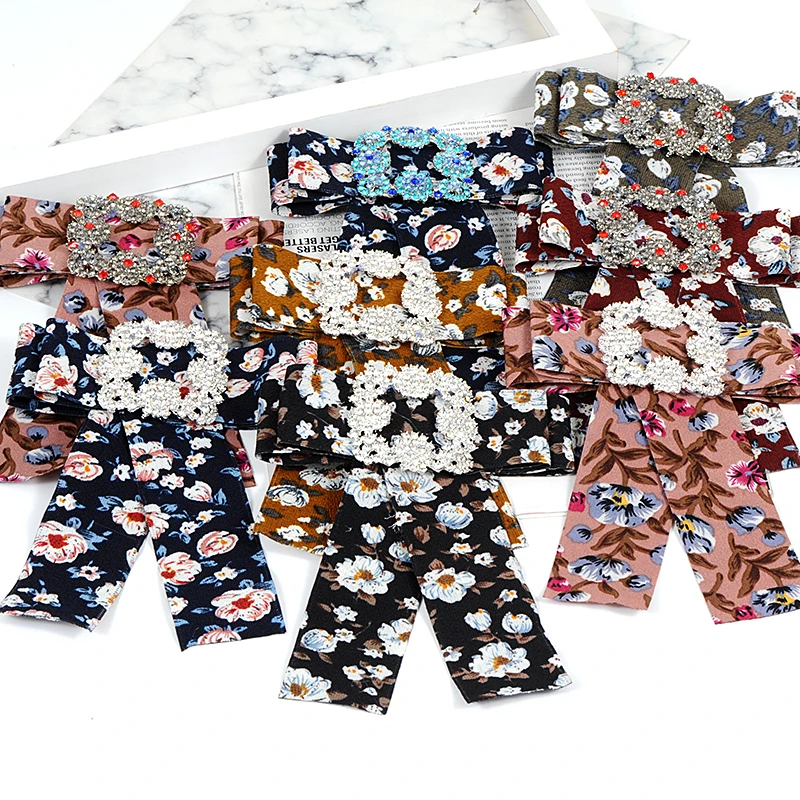 ZHINI Fashion Design Printed Floral Fabric Ribbon Bows Brooches High Quality Big Neckties Bow knot Pins Crystal Jewelry | Украшения и