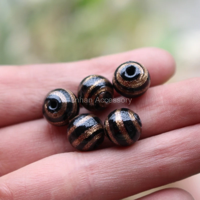 

10Pcs 10mm 12mm Handmade Glass lampwork beads Black with gold strips Fine for jewelry making Wholesale and Retail