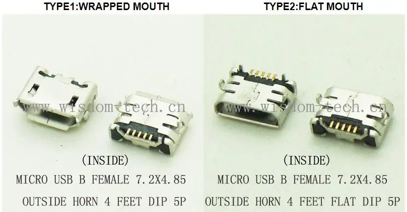 

1000pcs/lot B type Micro USB female socket USB connector Phone jack 2.0 7.2x4.85 outside horn 4feet DIP 5P