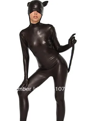 Блестящий металлический комбинезон Zentai зентай-костюм в форме черного кота |