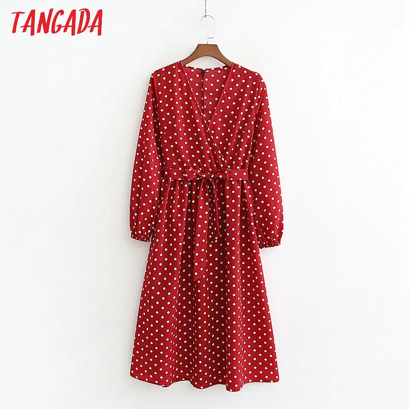 Tangada красное платье с запахом платье на запах длинное платье длина миди платье до середины икры красное платье в горошек белеый горошек V-образный вырез с длинным рукавом 1D114
