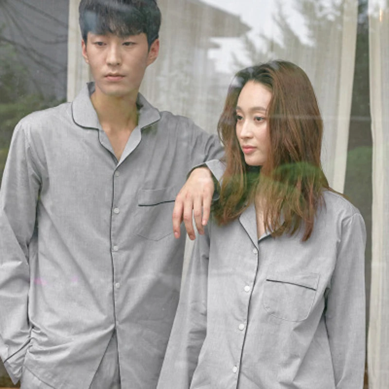 

Одноцветная Мужская и женская новая Пижама для пары на весну и осень, хлопковый и льняной мужской кардиган с длинными рукавами, домашний сер...