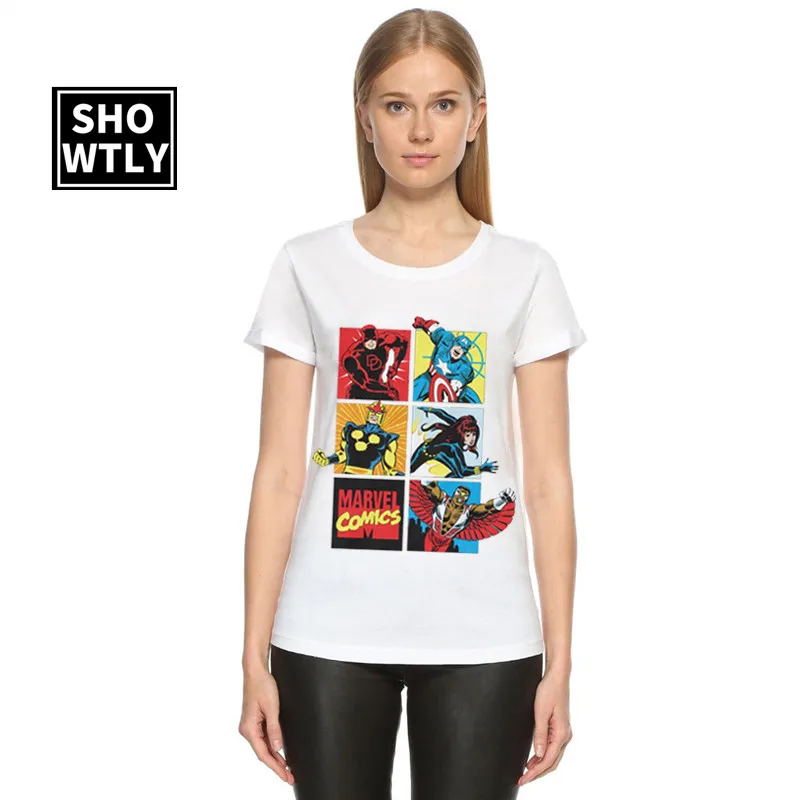 Showtly MARVEL COMICS женская футболка модная одежда Топ Винтажная Футболка белая