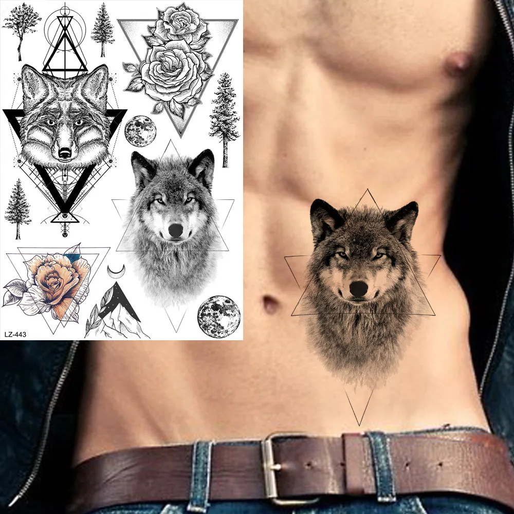 

YURAN Geometric Triangle Wolf Fox Black Sketch Temporary Tattoos Stickers Men Armband Arm Tattoo Women Fake Waterproof Tatoos