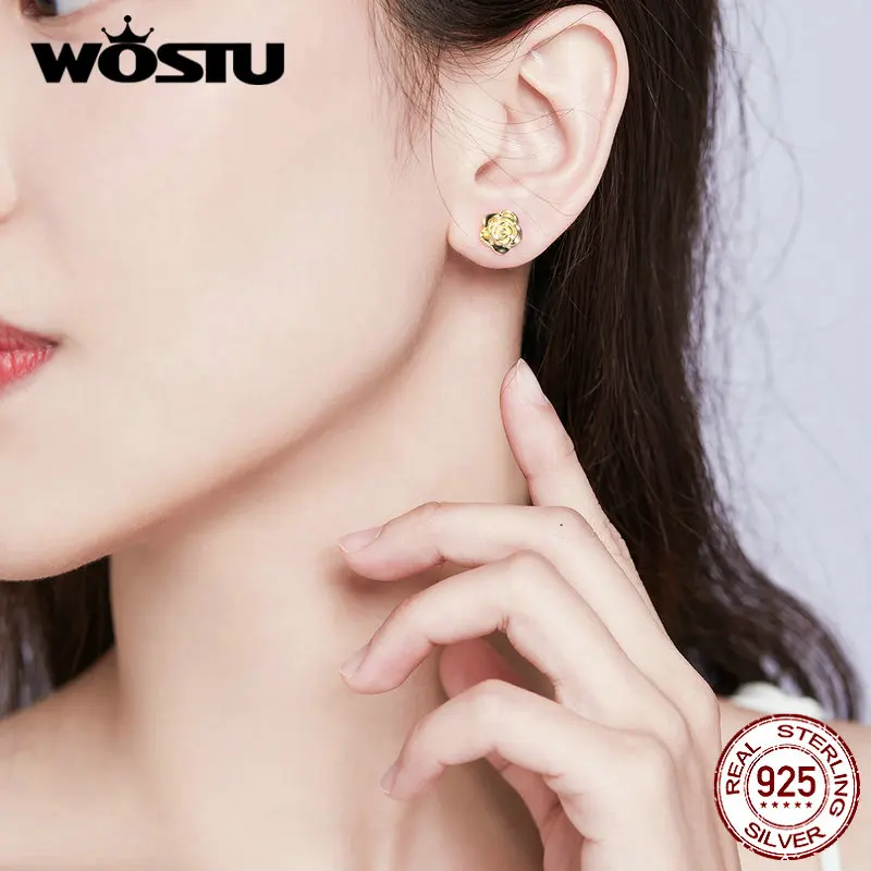 WOSTU золотые серьги-гвоздики в виде цветка розы 925 пробы серебряные маленькие серьги для женщин Свадебные серебряные 925 ювелирные изделия QE646