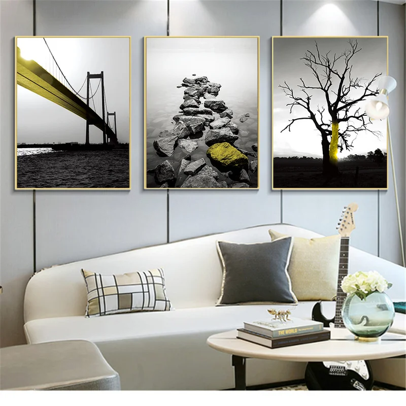 Постер в скандинавском стиле с изображением желтого моста дерева и камня